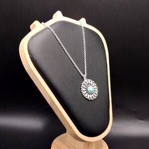 925 Silver Necklace w/ Turquoise Sunflower Pendant Women's Vintage Boho Gift